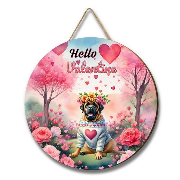 Hello Valentine’s Day Mastiff Flower Crown Romantic Pink Floral Round Wood Sign Mastiffs Dog Lover Gifts Idea Hanging Wall Home Decor - 00031
