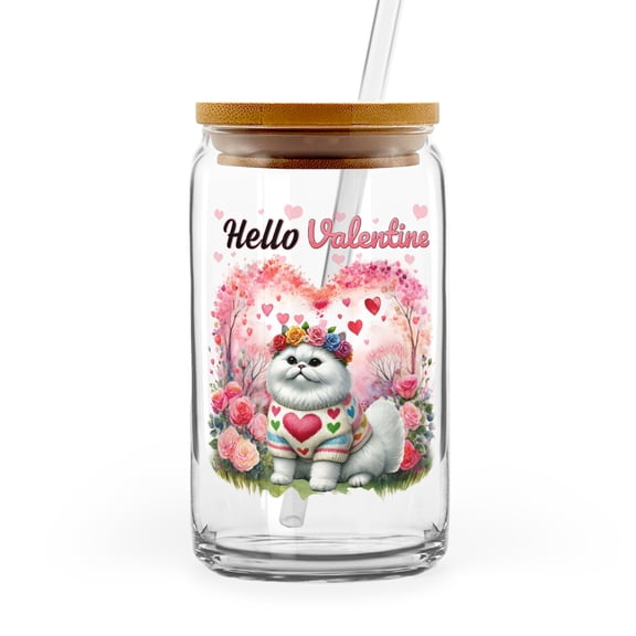 Hello Valentine’s Day Persian Flower Crown Romantic Pink Floral 16oz Glass Cup Mug Cat Lover Kitten Owner Gifts Glass Can with Bamboo Lid and Straw - 00031