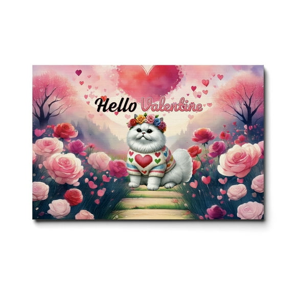 Hello Valentine’s Day Persian Flower Crown Romantic Pink Floral Horizontal Matte Canvas Poster Cat Lover Kitten Owner Gifts Wall Art Home Decor - 00031