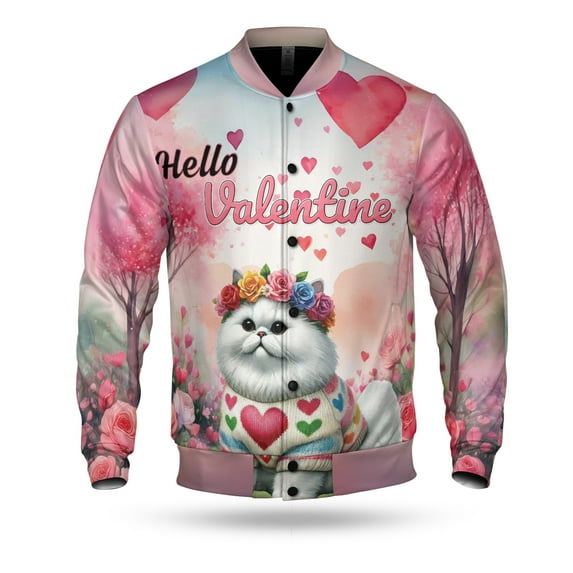 Hello Valentine’s Day Persian Flower Crown Romantic Pink Floral All Over Print 3D Baseball Jacket Cat Lover Kitten Owner Gifts Bomber Jacket Softball - 00031