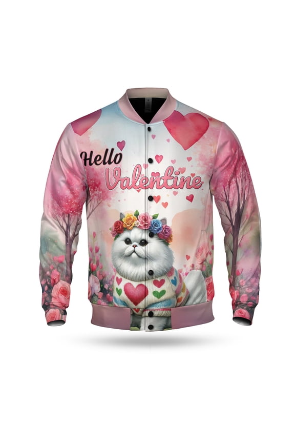 Hello Valentine’s Day Persian Flower Crown Romantic Pink Floral All Over Print 3D Baseball Jacket Cat Lover Kitten Owner Gifts Bomber Jacket Softball - 00031