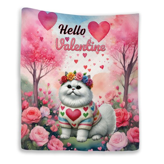 Hello Valentine’s Day Persian Flower Crown Romantic Pink Floral Quilt Blanket Cat Lover Kitten Owner Gifts Cozy Comforter Throw Blanket - 00031