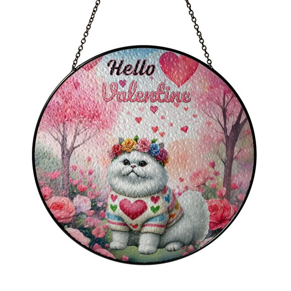 Hello Valentine’s Day Persian Flower Crown Romantic Pink Floral Stained Glass Suncatcher Cat Lover Kitten Owner Gifts Window Hanging Sign Decor - 00031
