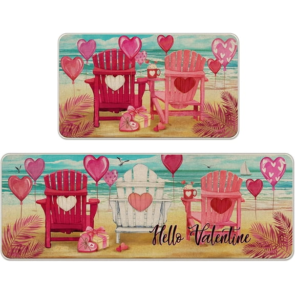 Hello Valentine''s Day Pink Chair Sea Kitchen Rugs Set of 2, Beach Coastal Love Heart Balloon Kitchen Mats Decor, Anniversary Wedding Gift Floor Door Mat Home Decorations -17x30 and 17x47 Inch