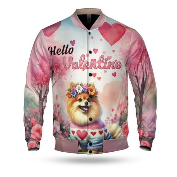 Hello Valentine’s Day Pomeranian Flower Crown Romantic Pink Floral All Over Print 3D Baseball Jacket Pom Dog Lover Gifts Bomber Jacket Softball - 00031