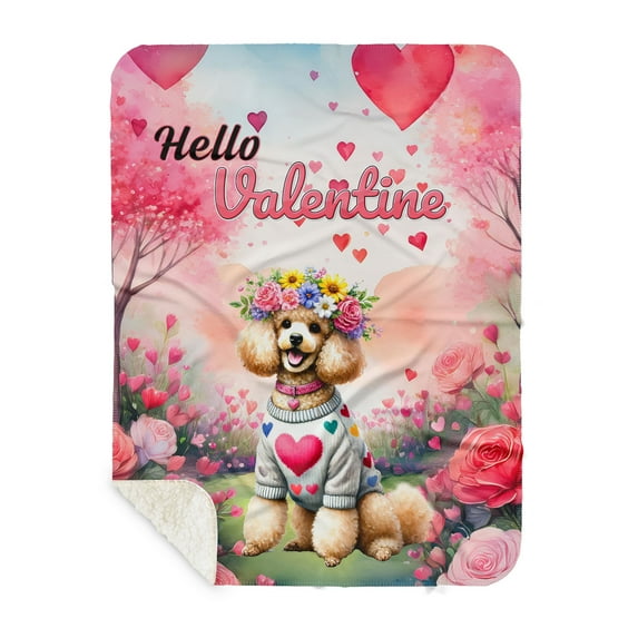 Hello Valentine’s Day Poodle Flower Crown Romantic Pink Floral Cozy Sherpa Blanket Poodles Dog Lover Gifts Idea Warm Soft Throw Blanket - 00031
