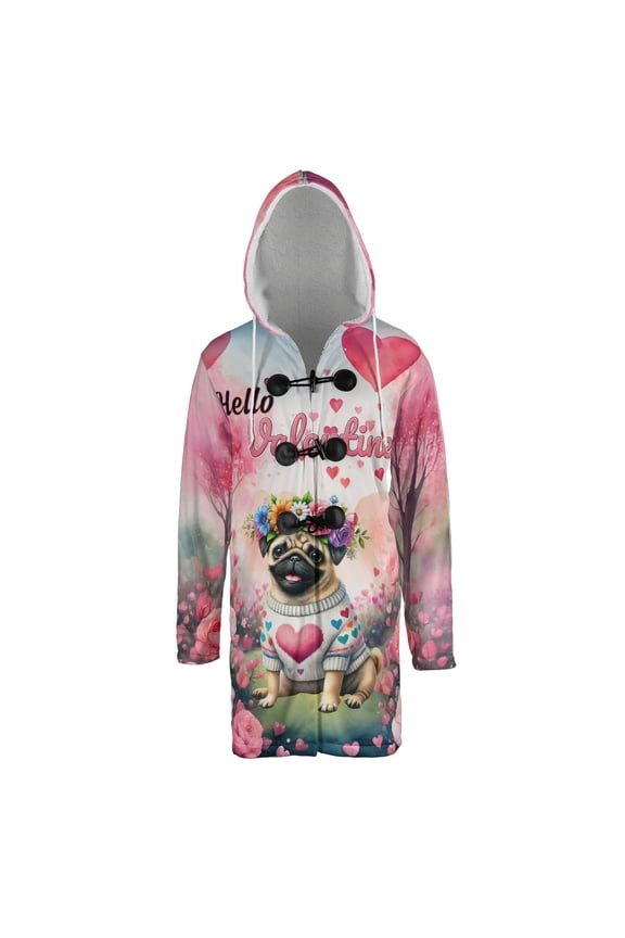 Hello Valentine’s Day Pug Flower Crown Romantic Pink Floral All Over Print 3D Hooded Duffle Toggle Coat Dog Lover Gifts - 00031