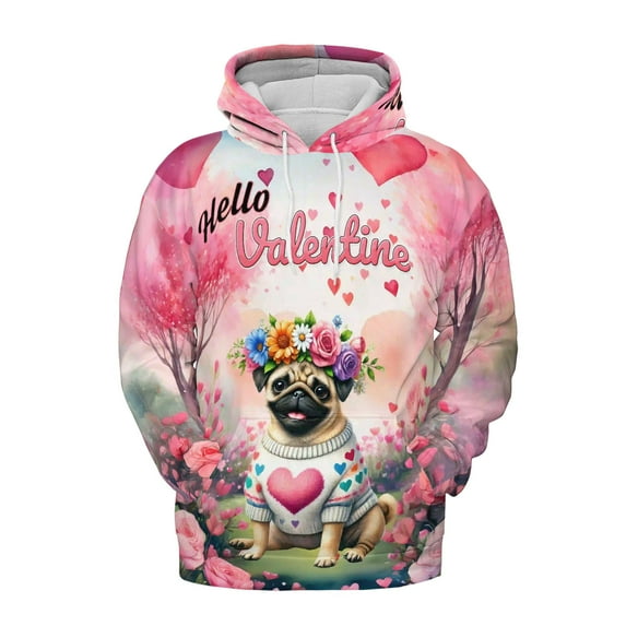 Hello Valentine’s Day Pug Flower Crown Romantic Pink Floral All Over Print 3D Hoodie Unisex Merch Hoodies Dog Lover Gifts - 00031