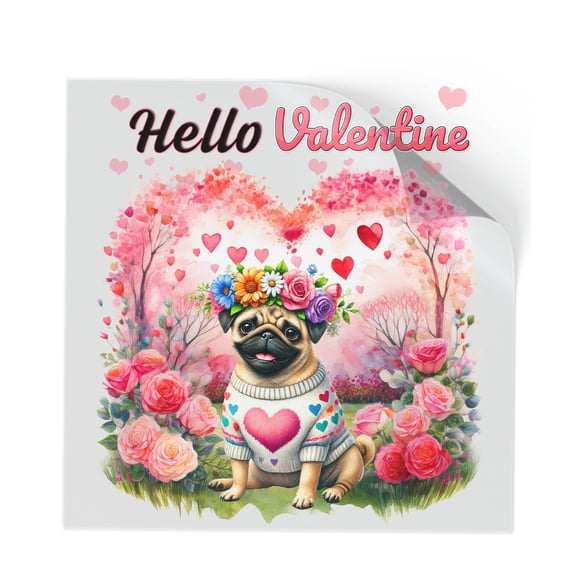 Hello Valentine’s Day Pug Flower Crown Romantic Pink Floral Cutout Transfer Sticker Dog Lover Gifts Transparent Decal Art Decor - 00031