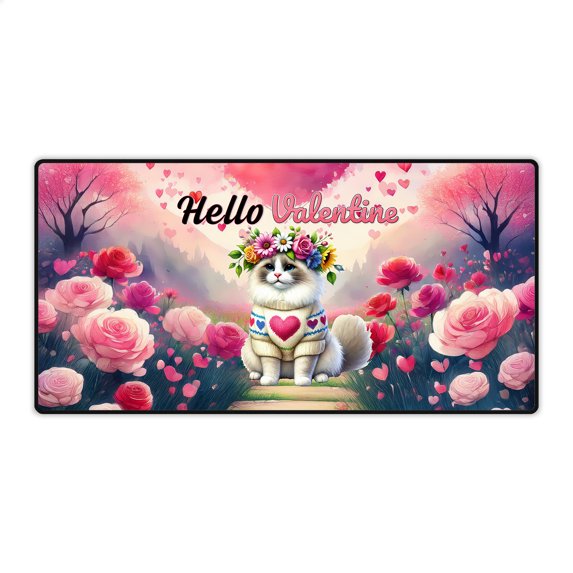 Hello Valentine’s Day Ragdoll Flower Crown Romantic Pink Floral Desk Mat Full Keyboard Mouse Pad Cat Lover Kitten Owner Gifts Idea Large Mousepad - 00031