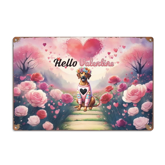 Hello Valentine’s Day Rhodesian Ridgeback Flower Crown Romantic Pink Floral Horizontal Metal Aluminum Sign Ridgebacks Dog Lover Gifts Wall Art Home Decor - 00031