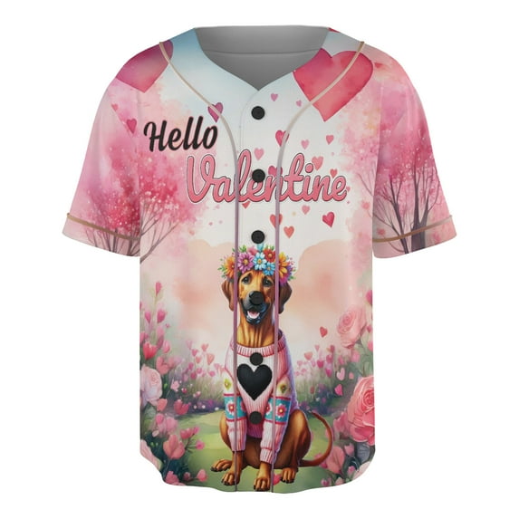 Hello Valentine’s Day Rhodesian Ridgeback Flower Crown Romantic Pink Floral All Over Print 3D Baseball Shirt Ridgebacks Dog Lover Gifts Softball Sport - 00031