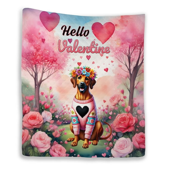 Hello Valentine’s Day Rhodesian Ridgeback Flower Crown Romantic Pink Floral Quilt Blanket Ridgebacks Dog Lover Gifts Cozy Comforter Throw Blanket - 00031