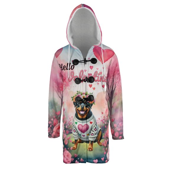 Hello Valentine’s Day Rottweiler Flower Crown Romantic Pink Floral All Over Print 3D Hooded Duffle Toggle Coat Rottie Dog Lover Gifts Idea - 00031