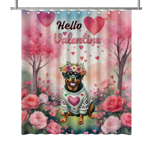 Hello Valentine’s Day Rottweiler Flower Crown Romantic Pink Floral Shower Curtain Rottie Dog Lover Gifts Idea Waterproof Bathroom Bathtub Curtain - 00031