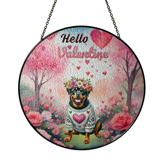 Hello Valentine’s Day Rottweiler Flower Crown Romantic Pink Floral Stained Glass Suncatcher Rottie Dog Lover Gifts Idea Window Hanging Sign Decor - 00031