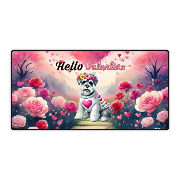 Hello Valentine’s Day Schnauzer Flower Crown Romantic Pink Floral Desk Mat Full Keyboard Mouse Pad Miniature Schnauzer Dog Lover Large Mousepad - 00031