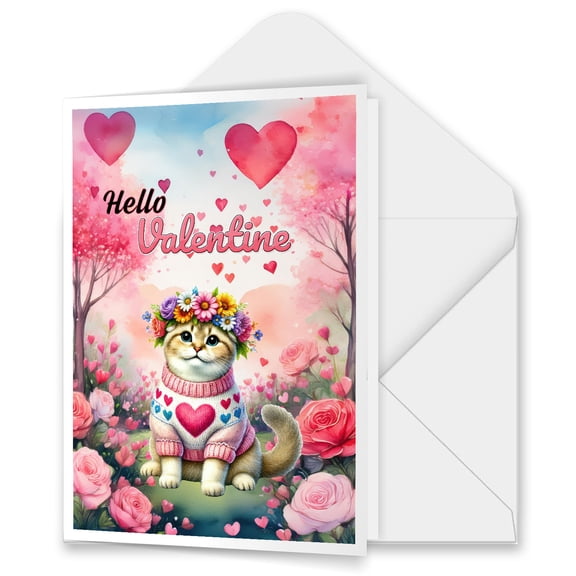 Hello Valentine’s Day Scottish Fold Flower Crown Romantic Pink Floral 5x7in Folded Greeting Card Cat Lover Kitten Owner Gifts Single Note Card with Envelope - 00031