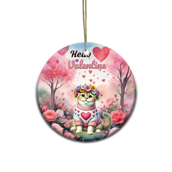 Hello Valentine’s Day Scottish Fold Flower Crown Romantic Pink Floral Ceramic Round Ornament Cat Lover Kitten Owner Gifts Home Tree Decor - 00031
