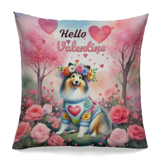 Hello Valentine’s Day Shetland Sheepdog Flower Crown Romantic Pink Floral Pillowcase Double Sided Sheltie Dog Lover Gifts Pillow Case Covers - 00031