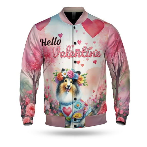 Hello Valentine’s Day Shetland Sheepdog Flower Crown Romantic Pink Floral All Over Print 3D Baseball Jacket Sheltie Dog Lover Gifts Bomber Jacket Softball - 00031