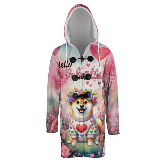 Hello Valentine’s Day Shiba Inu Flower Crown Romantic Pink Floral All Over Print 3D Hooded Duffle Toggle Coat Shibas Dog Lovers Gifts Idea - 00031