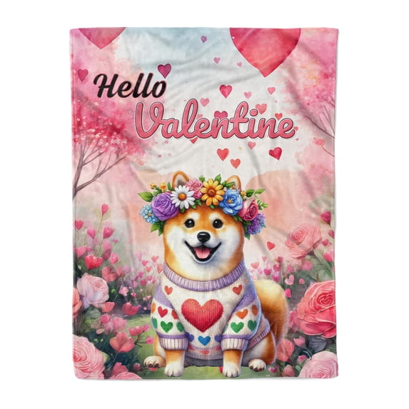 Hello Valentine’s Day Shiba Inu Flower Crown Romantic Pink Floral Cozy Fleece Blanket Shibas Dog Lovers Gifts Idea Warm Soft Throw Blanket - 00031