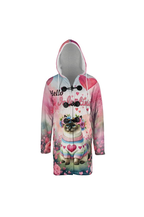 Hello Valentine’s Day Siamese Flower Crown Romantic Pink Floral All Over Print 3D Hooded Duffle Toggle Coat Cat Lover Kitten Owner Gifts - 00031