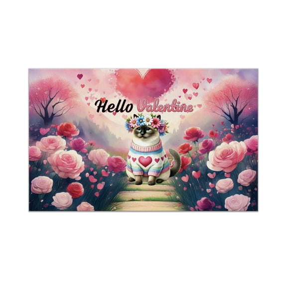 Hello Valentine’s Day Siamese Flower Crown Romantic Pink Floral Doormat Cat Lover Kitten Owner Gifts Indoor Outdoor Welcome Mat - 00031