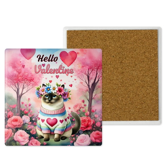 Hello Valentine’s Day Siamese Flower Crown Romantic Pink Floral Set of 4 Stone Coasters Cat Lover Kitten Owner Gifts 4x4in Absorbent Soapstone Coaster - 00031