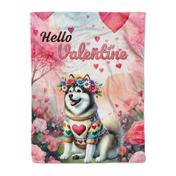 Hello Valentine’s Day Siberian Husky Flower Crown Romantic Pink Floral Cozy Fleece Blanket Husky Dog Lover Gifts Warm Soft Throw Blanket - 00031