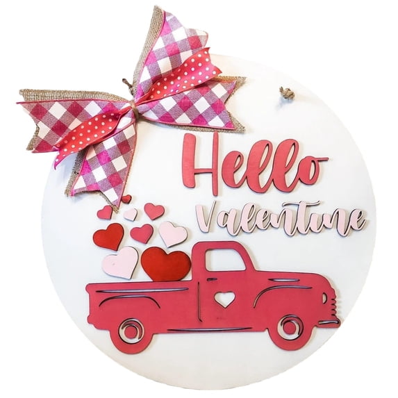 Hello Valentine's Day Sign for Front Door 12 Inches Wood Red Pink Round with Bow Valentine's Day Door Wreath Hanger Indoor Wall Hanging Decoration for Wedding Home Outdoor Porch