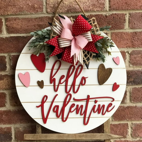 Hello Valentine's Day Sign for Front Door 12 Inches Wood Red Pink Round with Bow Valentine's Day Door Wreath Hanger Indoor Wall Hanging Decoration for Wedding Home Outdoor Porch