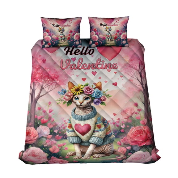 Hello Valentine’s Day Sphynx Flower Crown Romantic Pink Floral Quilt Bedding Set Cat Lover Kitten Owner Gifts Idea 1 Blanket Bed Cover 2 Pillowcases - 00031