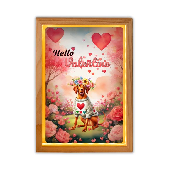 Hello Valentine’s Day Vizsla Flower Crown Romantic Pink Floral Acrylic Plaque with Wood Photo Frame Box Vizslas Dog Lover Gifts Idea Light Box - 00031