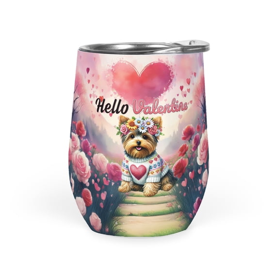 Hello Valentine’s Day Yorkshire Terrier Flower Crown Romantic Pink Floral 12oz Stainless Steel Wine Tumbler Insulated Cup with Lid Yorkie Dog Lover Gifts - 00031