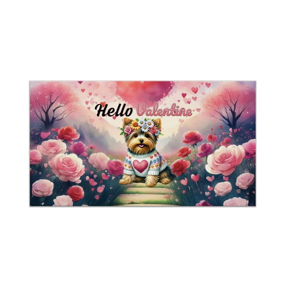 Hello Valentine’s Day Yorkshire Terrier Flower Crown Romantic Pink Floral Doormat Yorkie Dog Lover Gifts Indoor Outdoor Welcome Mat - 00031