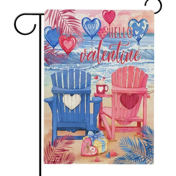 Hello Valentines Day Beach Pink Blue Chair Garden Flag Double Sided, Coastal Love Hearts Decorative Yard Outdoor Home Small Decor, Anniversary Nautical Burlap Outside House Decoration 12 x 18