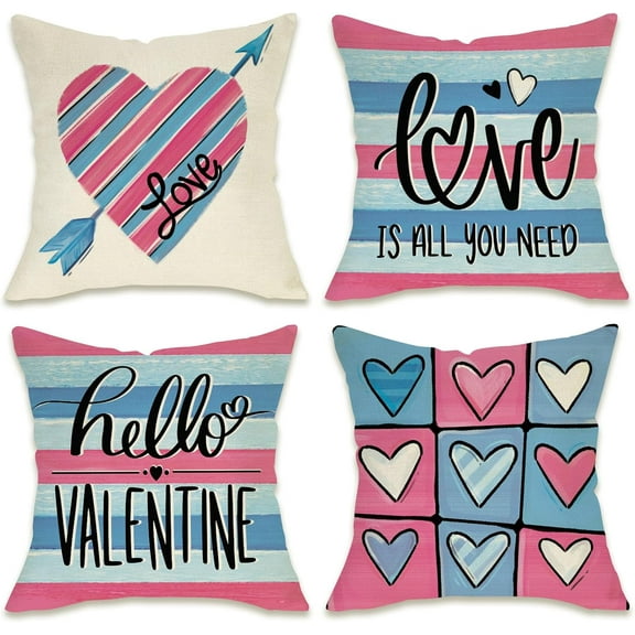 Hello Valentines Day Decorative Throw Pillow Covers 16 x 16 Set of 4, Blue Pink Love Hearts Arrow Plaid Stripes Outdoor Pillowcase, Anniversary Wedding Sofa Couch Cushion Case Home Decor