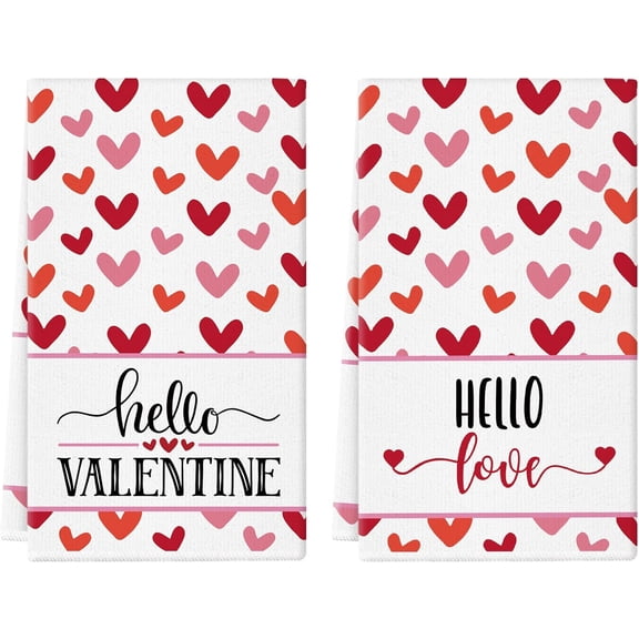 Hello Valentines Day Kitchen Towels Set of 2 Love Heart Dish Towels Hand Towels for Mothers Day Anniversary Wedding Party Dining Home Decor 16x24 Inch