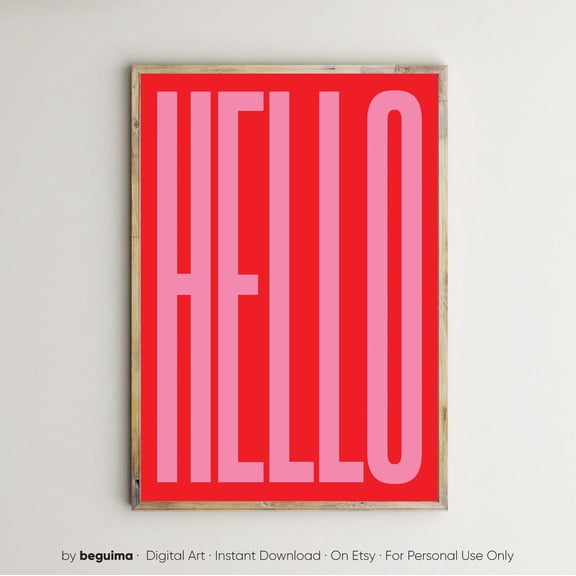 Hello Wall Art Prints Pink Red Entryway Hallway Modern Simple Bold Unframed Paper Print