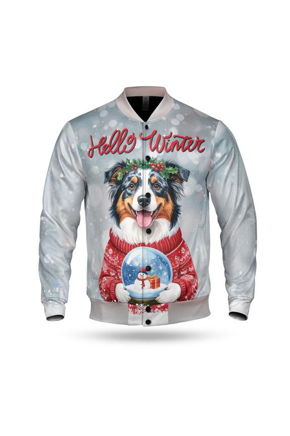 Hello Welcome Winter Australian Shepherd Holding Snow Globe Snowman All Over Print 3D Baseball Jacket Aussie Dog Lover Gifts Bomber Jacket Softball - 13015