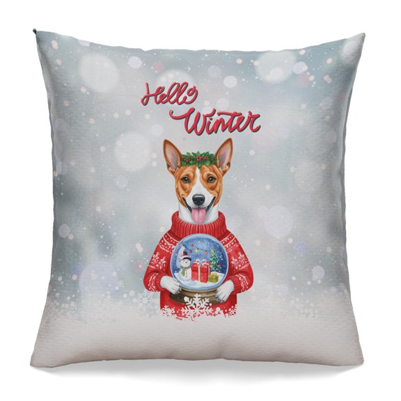 Hello Welcome Winter Basenji Holding Snow Globe Snowman Pillowcase Double Sided African Barkless Dog Lover Pillow Case Covers - 13015