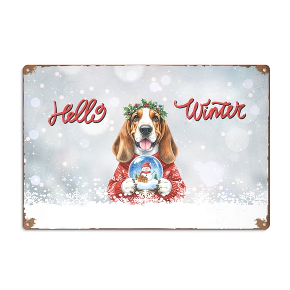 Hello Welcome Winter Basset Hound Holding Snow Globe Snowman Horizontal Metal Aluminum Sign Bassets Dog Breed Lovers Gifts Idea Wall Art Home Decor - 13015