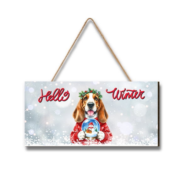 Hello Welcome Winter Basset Hound Holding Snow Globe Snowman Landscape Wood Sign Bassets Dog Breed Lovers Gifts Idea Hanging Wall Home Decor - 13015