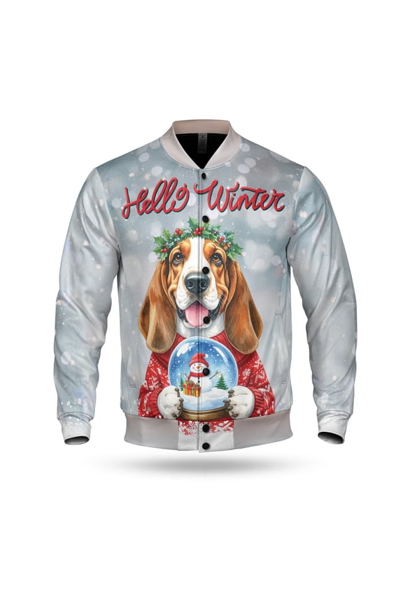 Hello Welcome Winter Basset Hound Holding Snow Globe Snowman All Over Print 3D Baseball Jacket Bassets Dog Breed Lovers Gifts Idea Bomber Jacket Softball - 13015
