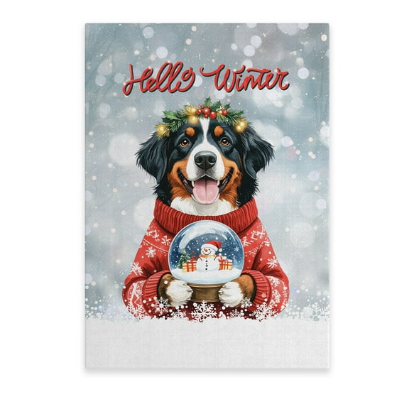 Hello Welcome Winter Bernese Mountain Dog Holding Snow Globe Snowman Vertical Matte Canvas Poster Berner Lover Gifts Wall Art Home Decor - 13015