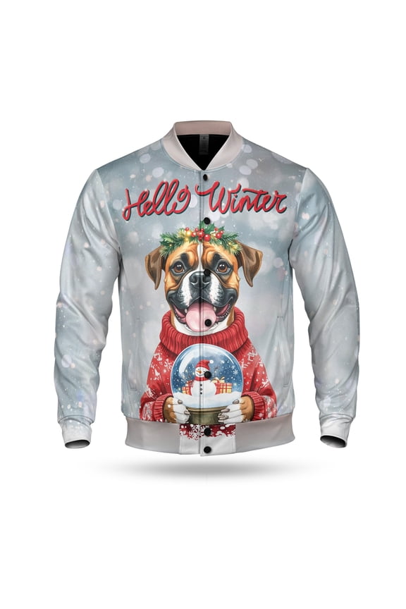 Hello Welcome Winter Boxer Holding Snow Globe Snowman All Over Print 3D Baseball Jacket Boxers Dog Lover Gifts Idea Bomber Jacket Softball - 13015