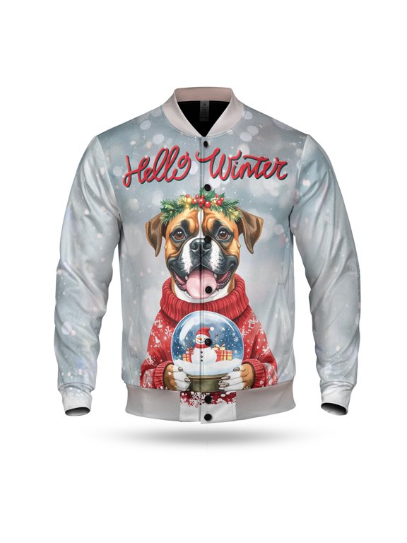 Hello Welcome Winter Boxer Holding Snow Globe Snowman All Over Print 3D Baseball Jacket Boxers Dog Lover Gifts Idea Bomber Jacket Softball - 13015