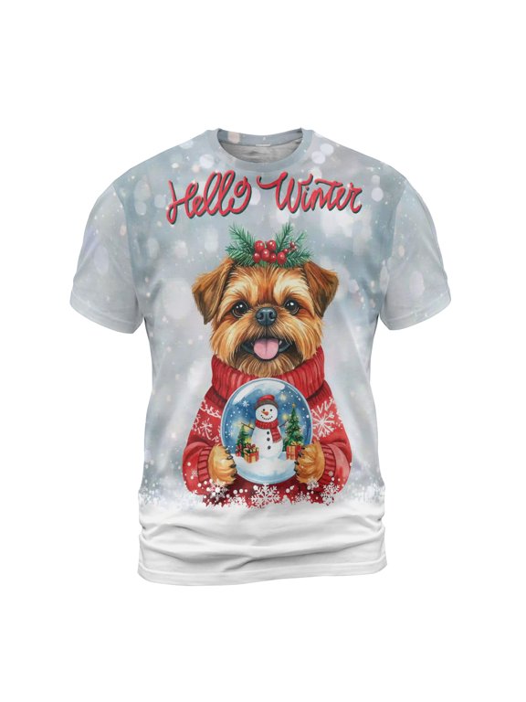 Hello Welcome Winter Brussels Griffon Holding Snow Globe Snowman All Over Print 3D Shirt Unisex Merch Griff Dog Lover - 13015